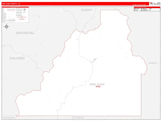 San Juan County, CO ZIP Code Wall Map, RedLine style