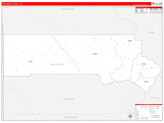 San Miguel County, CO ZIP Code Wall Map, RedLine style