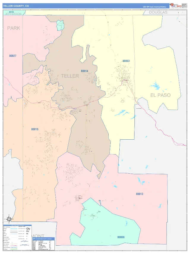 Teller County, CO ZIP Code Wall Map, ColorCast style