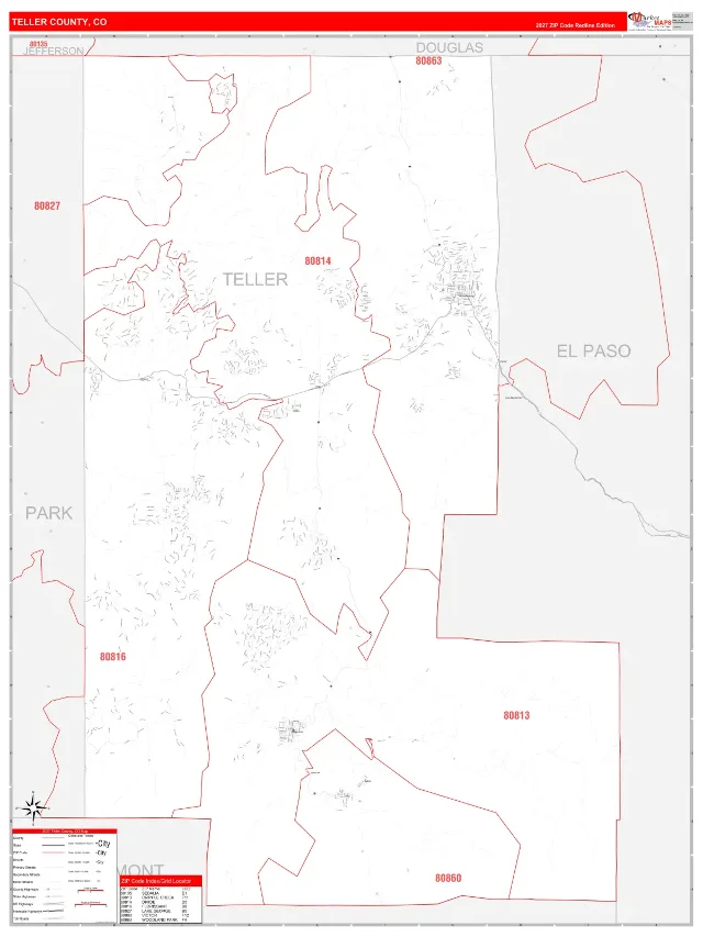Teller County, CO ZIP Code Wall Map, RedLine style
