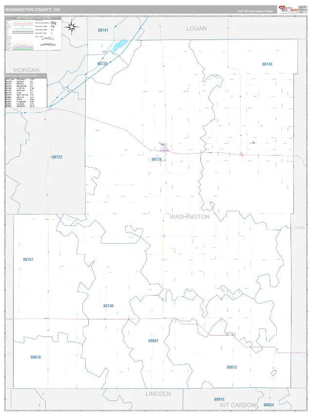 Washington County, CO ZIP Code Wall Map, Classic style