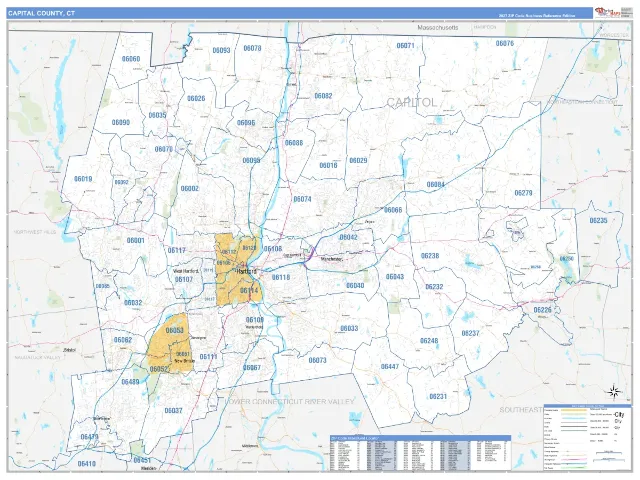Capitol County, CT ZIP Code Wall Map, Business Reference style