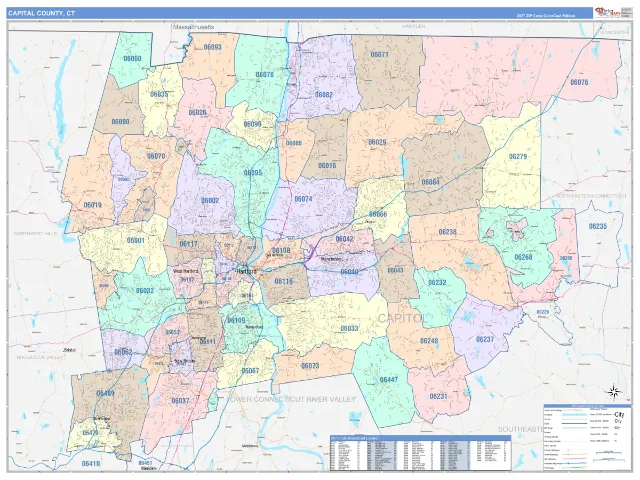 Capitol County, CT ZIP Code Wall Map, ColorCast style