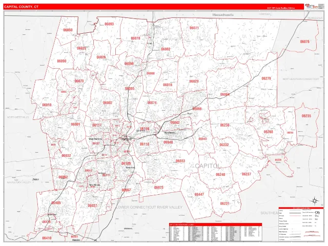 Capitol County, CT ZIP Code Wall Map, RedLine style