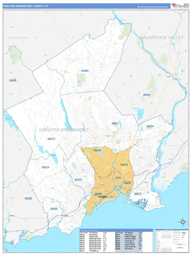 Greater Bridgeport County, CT ZIP Code Wall Map, Business Reference style