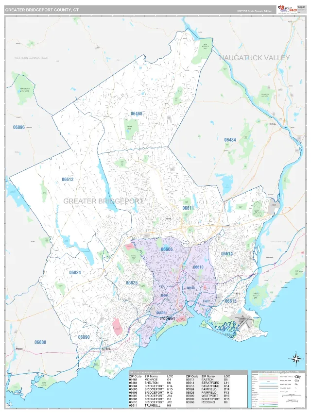 Greater Bridgeport County, CT ZIP Code Wall Map, Classic style