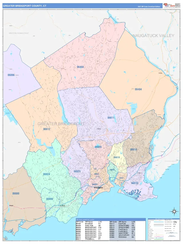 Greater Bridgeport County, CT ZIP Code Wall Map, ColorCast style