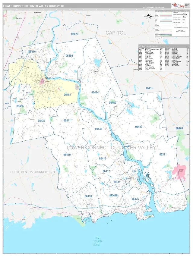 Lower Connecticut River Valley County, CT ZIP Code Wall Map, Classic style