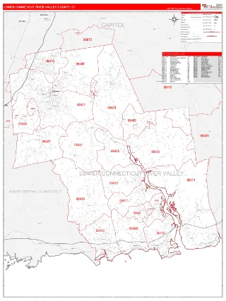 Lower Connecticut River Valley County, CT RedLine style ZIP Code wall map