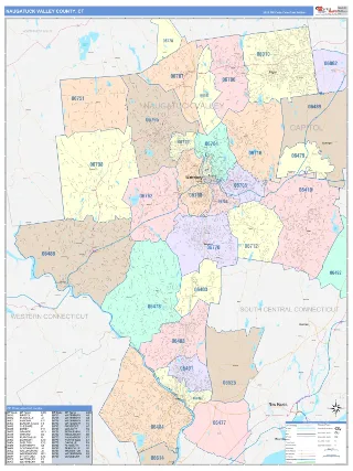 Naugatuck Valley County, CT ColorCast style ZIP Code wall map