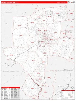 Naugatuck Valley County, CT RedLine style ZIP Code wall map