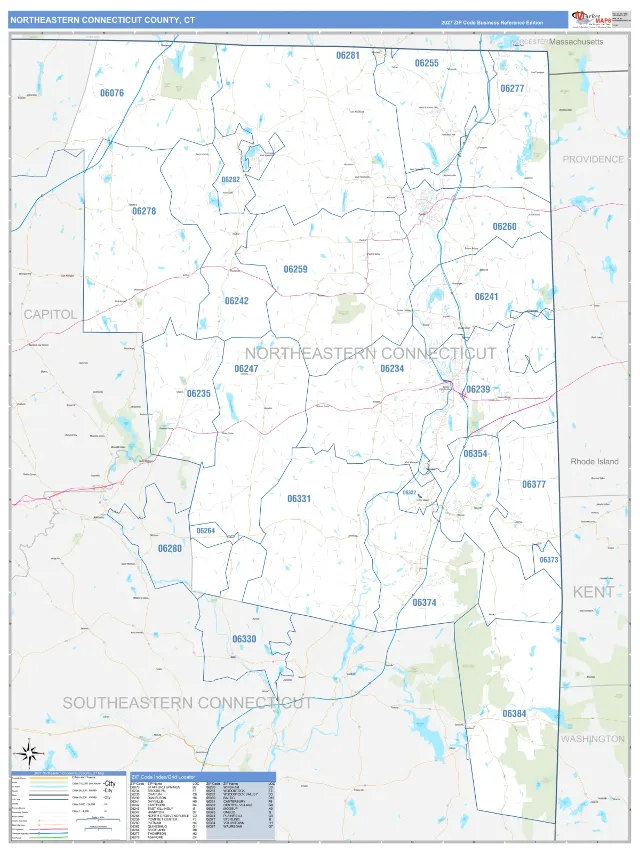 Northeastern Connecticut County, CT ZIP Code Wall Map, Business Reference style