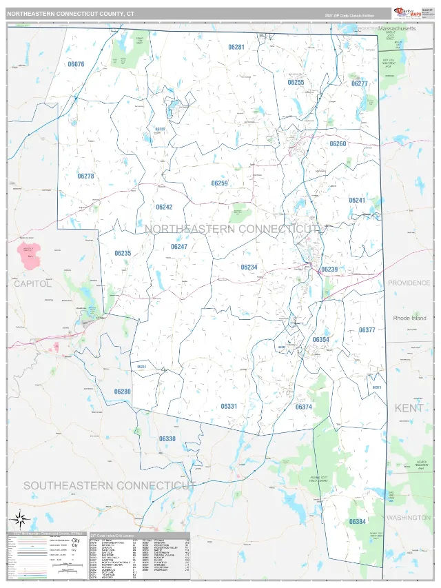 Northeastern Connecticut County, CT ZIP Code Wall Map, Classic style