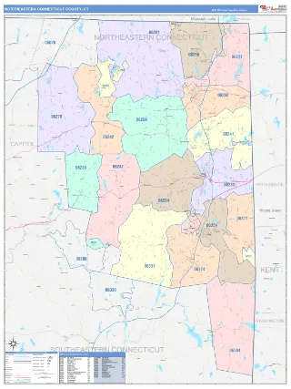 Northeastern Connecticut County, CT ColorCast style ZIP Code wall map