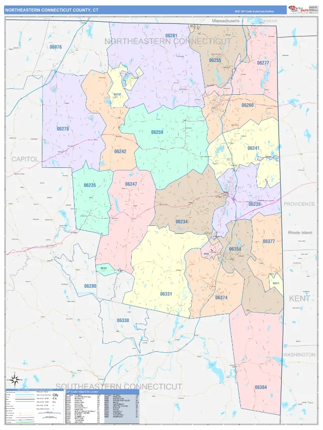 Northeastern Connecticut County, CT ZIP Code Wall Map, ColorCast style