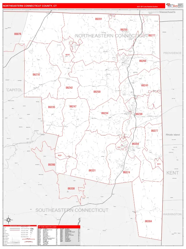 Northeastern Connecticut County, CT ZIP Code Wall Map, RedLine style