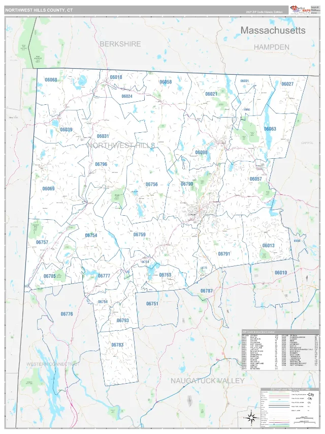 Northwest Hills County, CT ZIP Code Wall Map, Classic style