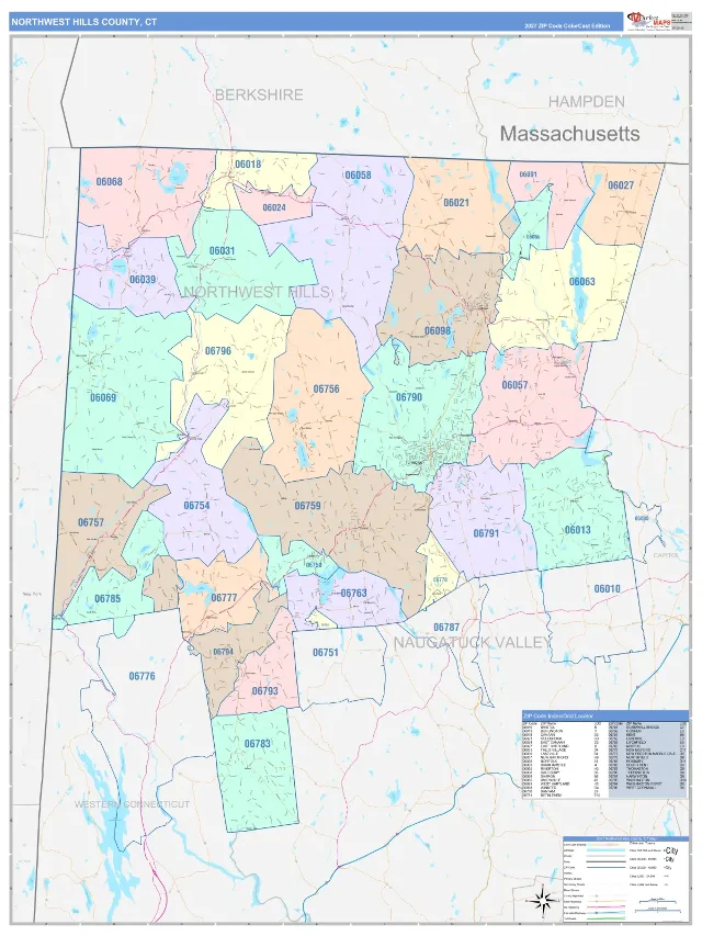 Northwest Hills County, CT ZIP Code Wall Map, ColorCast style