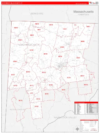 Northwest Hills County, CT RedLine style ZIP Code wall map