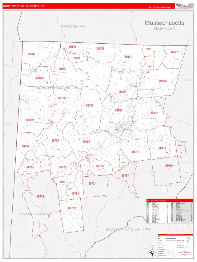 Northwest Hills County, CT ZIP Code Wall Map, RedLine style