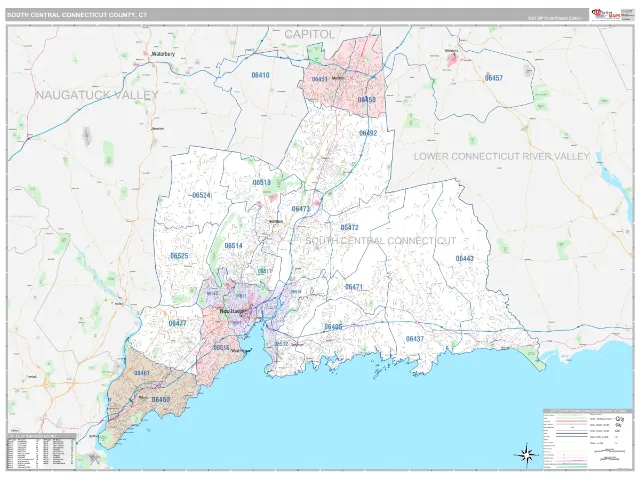 South Central Connecticut County, CT ZIP Code Wall Map, Classic style