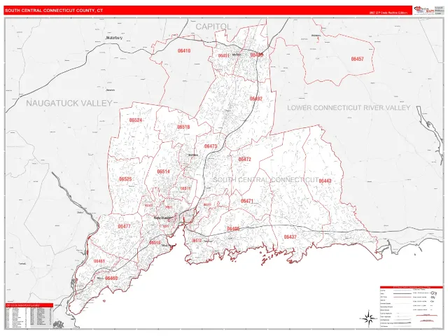 South Central Connecticut County, CT ZIP Code Wall Map, RedLine style