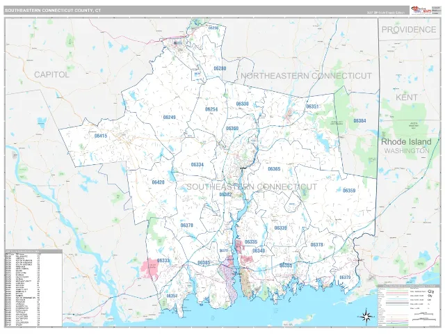 Southeastern Connecticut County, CT ZIP Code Wall Map, Classic style