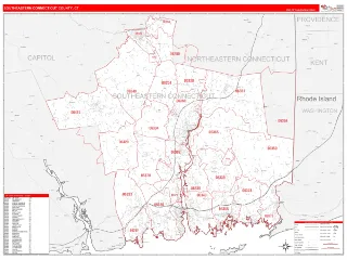 Southeastern Connecticut County, CT RedLine style ZIP Code wall map