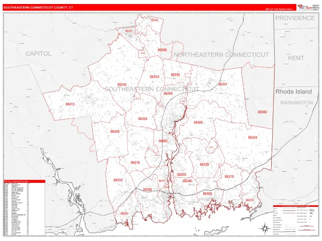 Southeastern Connecticut County, CT ZIP Code Wall Map, RedLine style