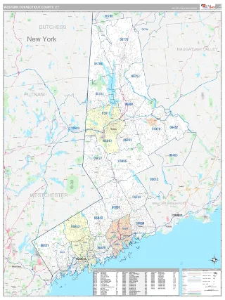 Western Connecticut County, CT Classic style ZIP Code wall map