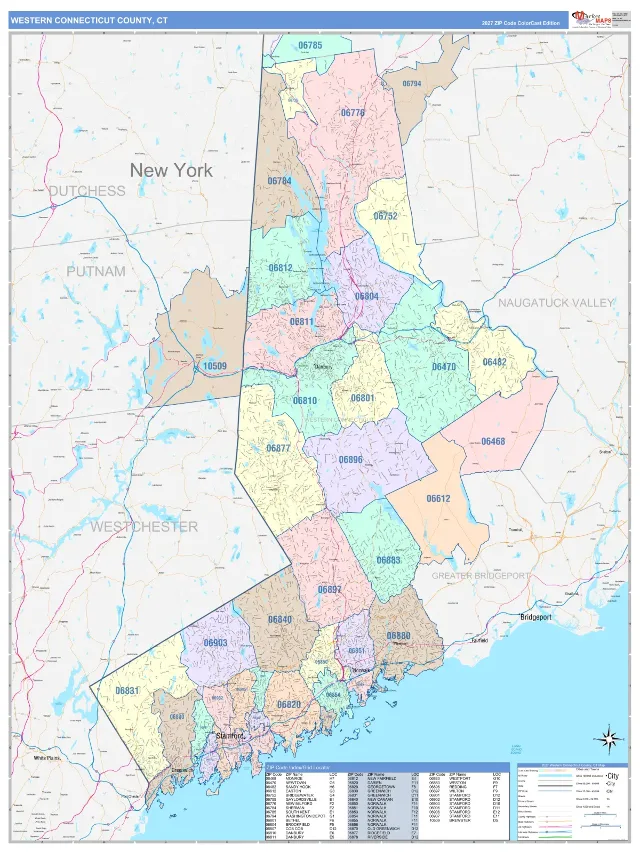 Western Connecticut County, CT ZIP Code Wall Map, ColorCast style