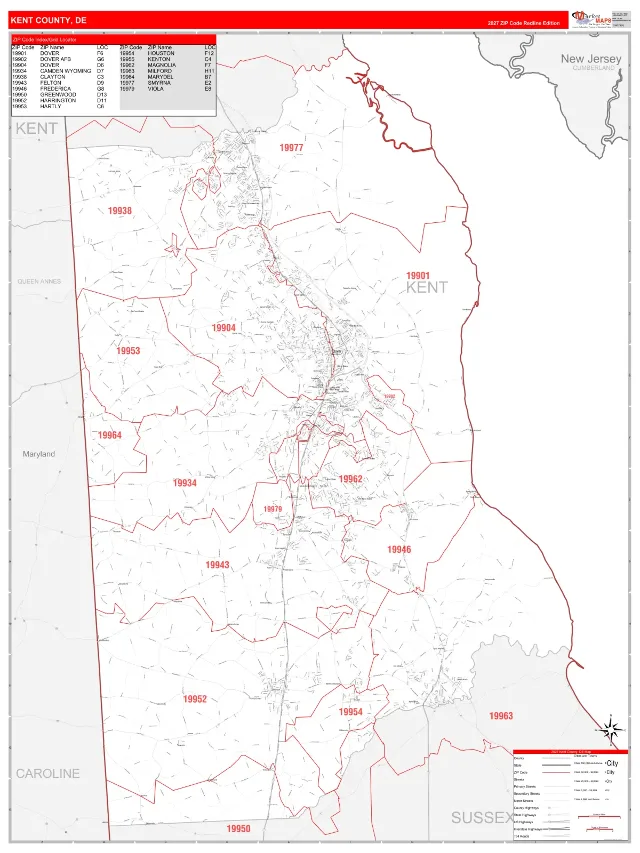 Kent County, DE ZIP Code Wall Map, RedLine style
