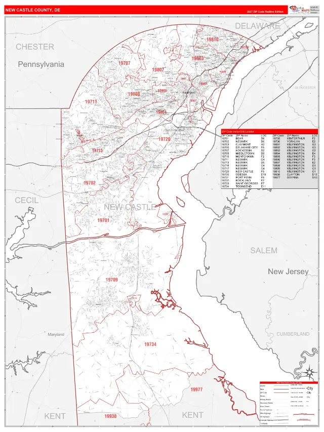 New Castle County, DE ZIP Code Wall Map, RedLine style