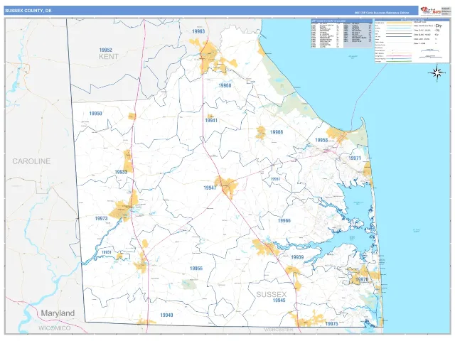 Sussex County, DE ZIP Code Wall Map, Business Reference style