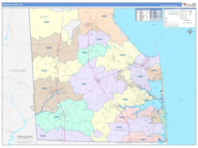 Sussex County, DE ZIP Code Wall Map, ColorCast style