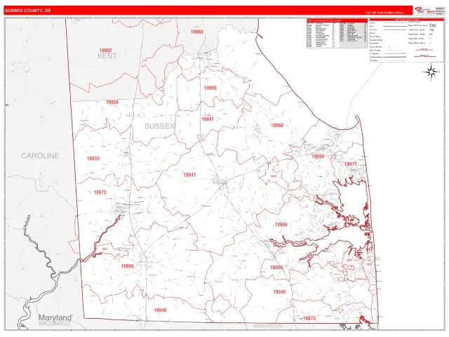 Sussex County, DE ZIP Code Wall Map, RedLine style