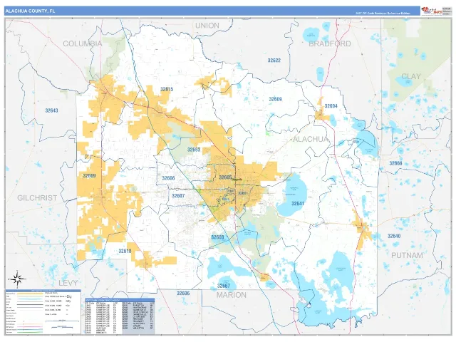 Alachua County, FL ZIP Code Wall Map, Business Reference style