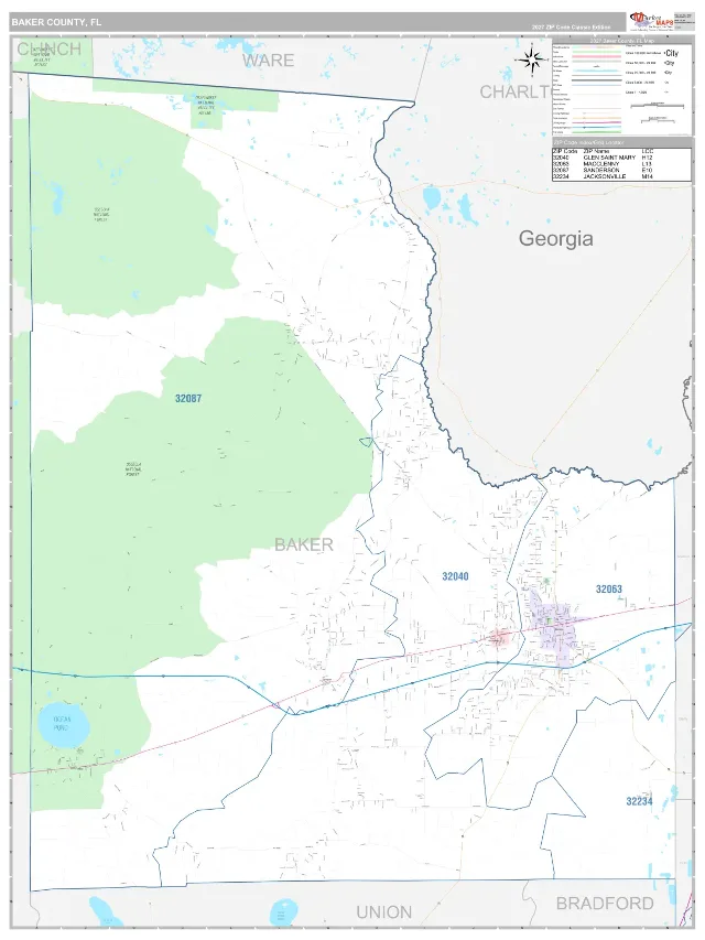 Baker County, FL ZIP Code Wall Map, Classic style