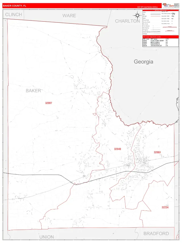 Baker County, FL ZIP Code Wall Map, RedLine style