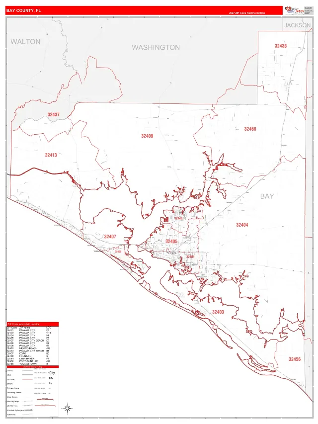 Bay County, FL ZIP Code Wall Map, RedLine style