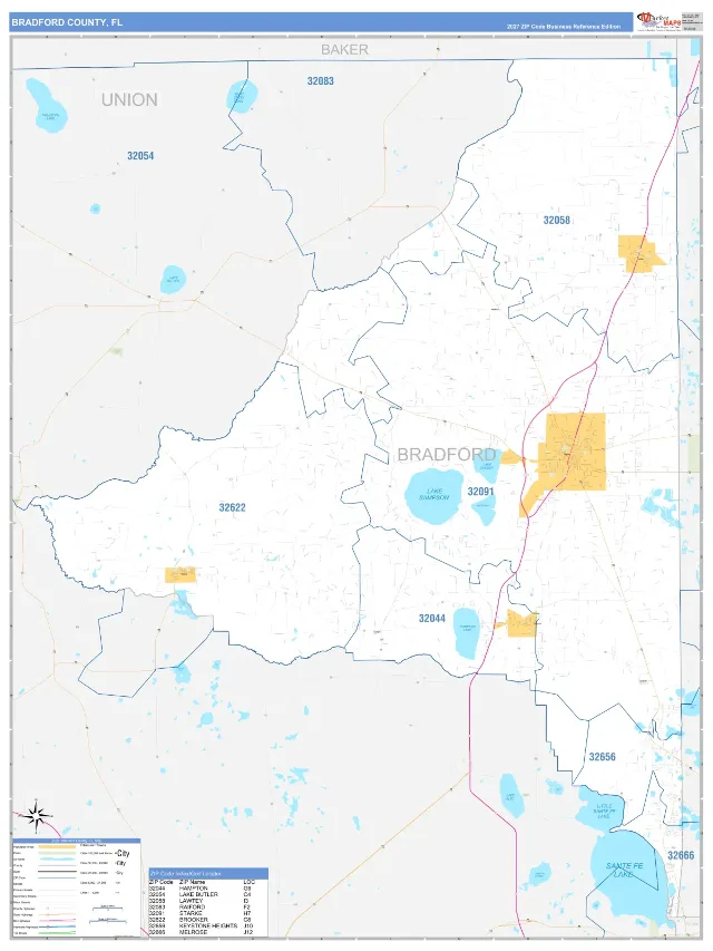 Bradford County, FL ZIP Code Wall Map, Business Reference style