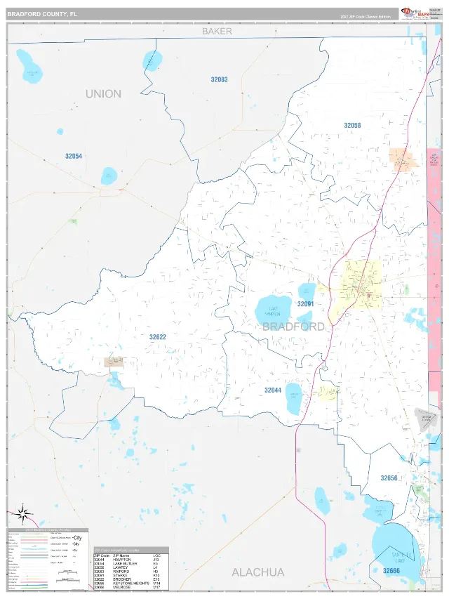 Bradford County, FL ZIP Code Wall Map, Classic style
