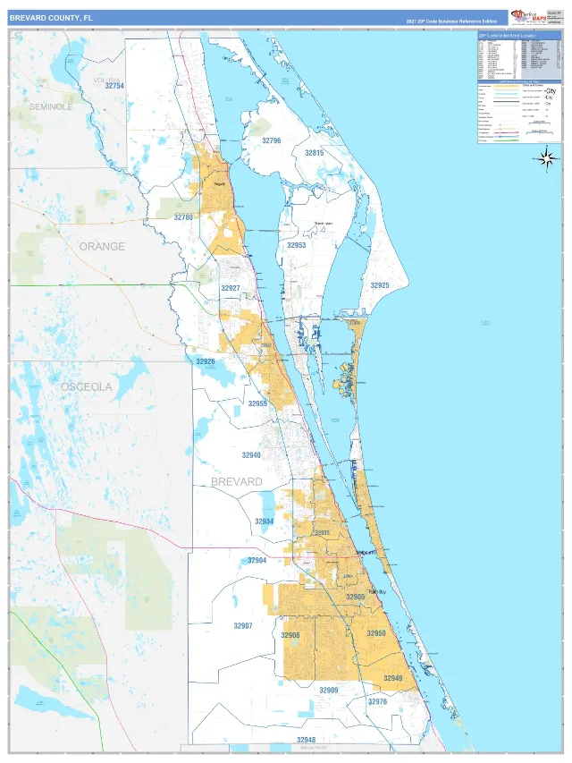 Brevard County, FL ZIP Code Wall Map, Business Reference style