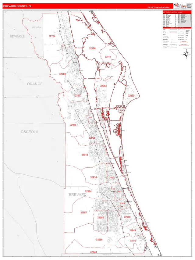 Brevard County, FL ZIP Code Wall Map, RedLine style