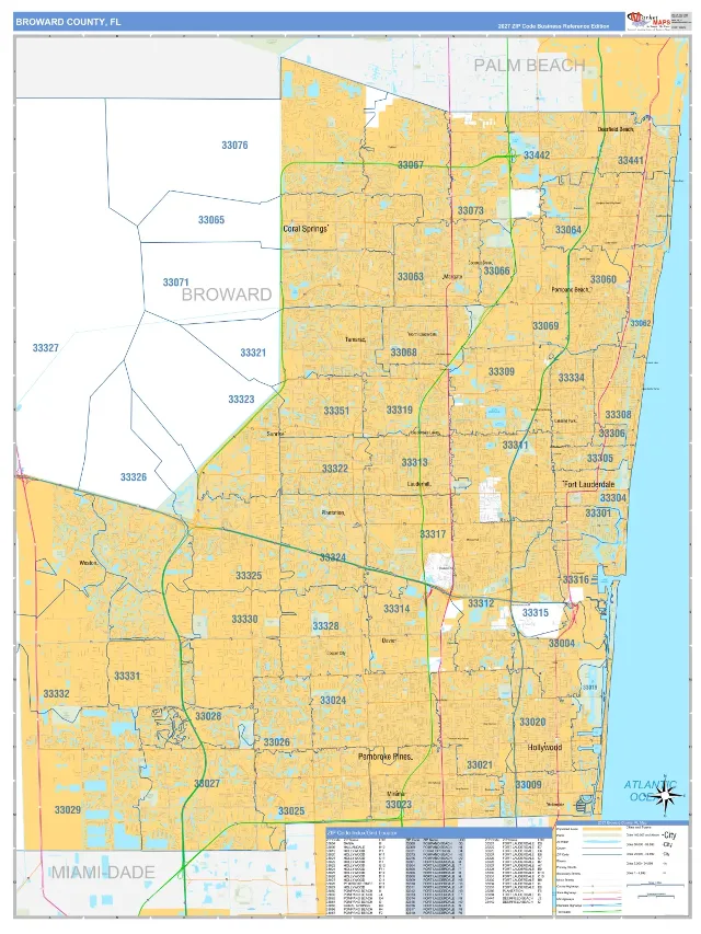 Broward County, FL ZIP Code Wall Map, Business Reference style