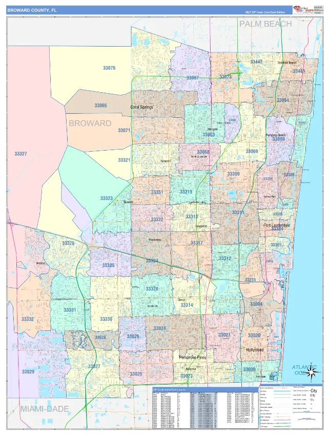 Broward County, FL ZIP Code Wall Map, ColorCast style