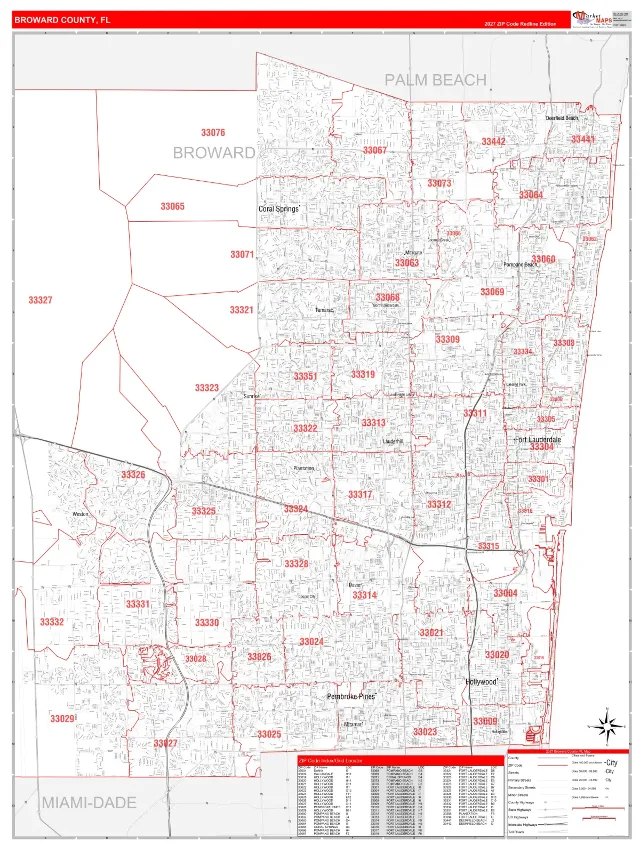 Broward County, FL ZIP Code Wall Map, RedLine style