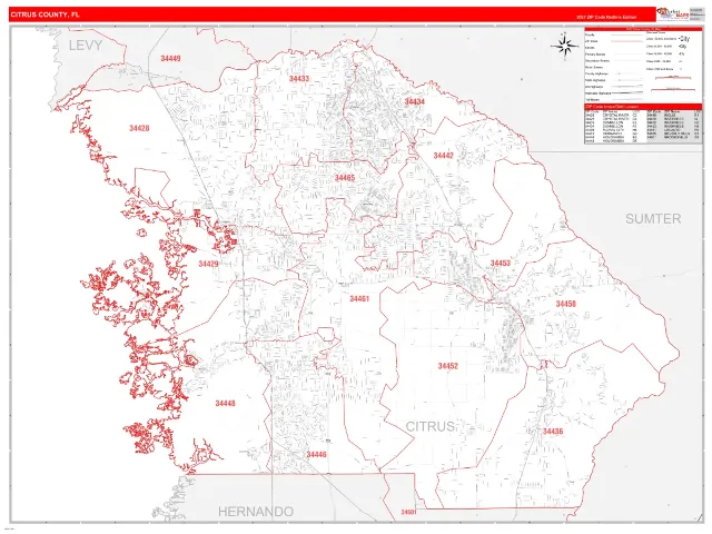 Citrus County, FL ZIP Code Wall Map, RedLine style
