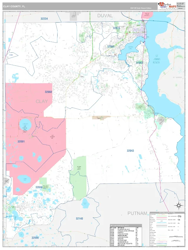 Clay County, FL ZIP Code Wall Map, Classic style