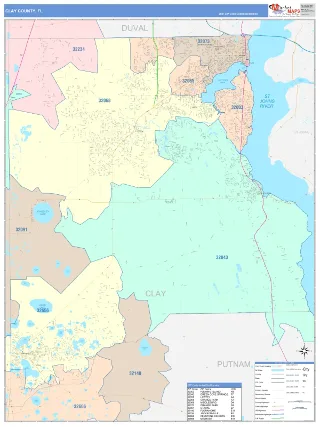 Clay County, FL ColorCast style ZIP Code wall map